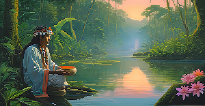 A peaceful Amazon rainforest at dawn with a shaman performing a ritual, surrounded by lush greenery and a reflective stream.