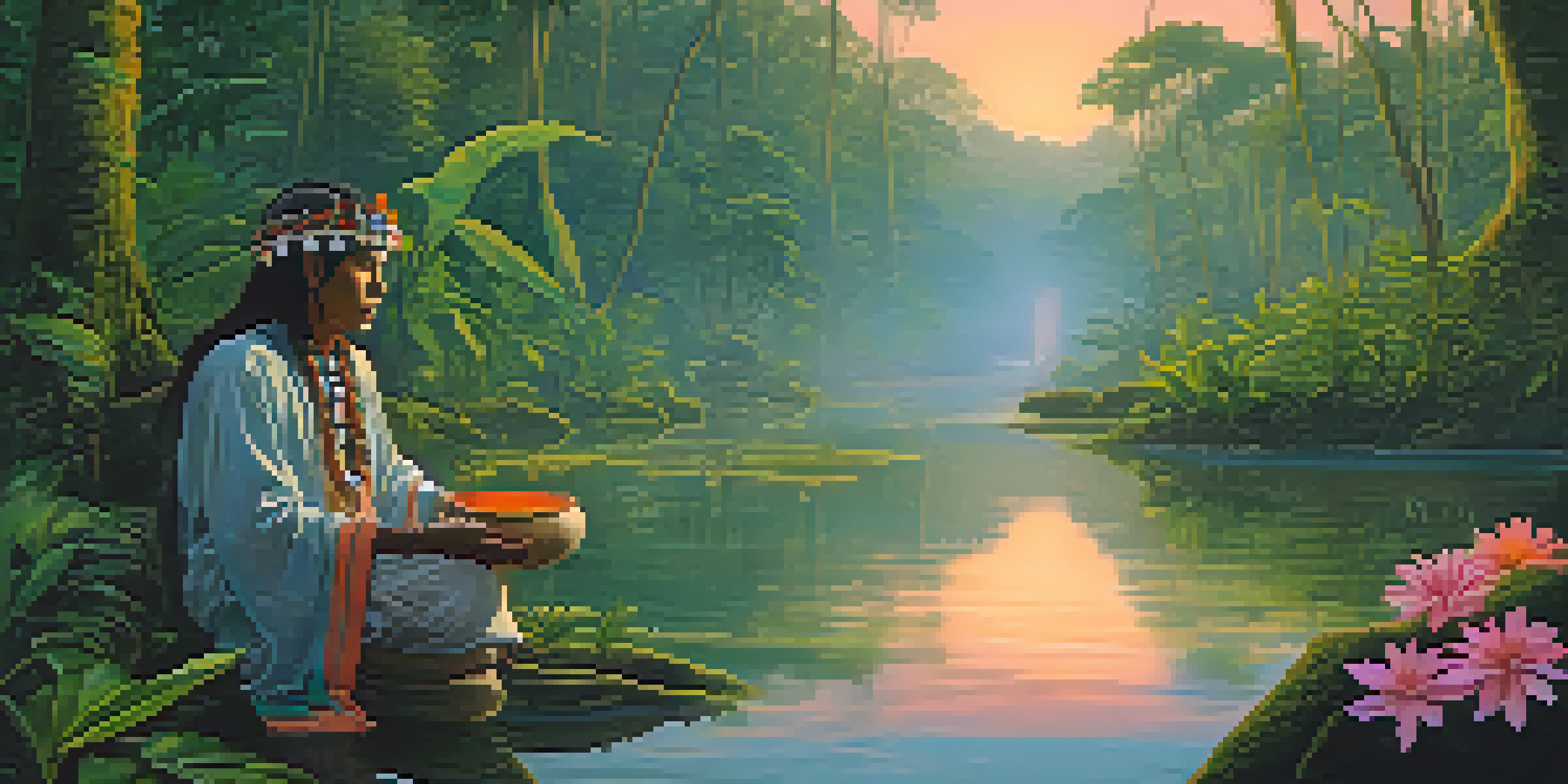 A peaceful Amazon rainforest at dawn with a shaman performing a ritual, surrounded by lush greenery and a reflective stream.