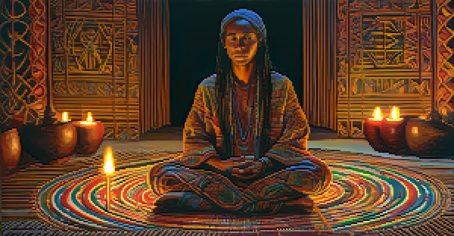 A close-up image of a person meditating during an Ayahuasca ceremony, illuminated by candlelight with swirling patterns of light and color around them.