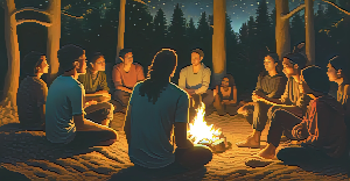 A group of people sitting in a circle around a campfire at night, holding cups of Ayahuasca, with warm firelight illuminating their faces against a starry sky.