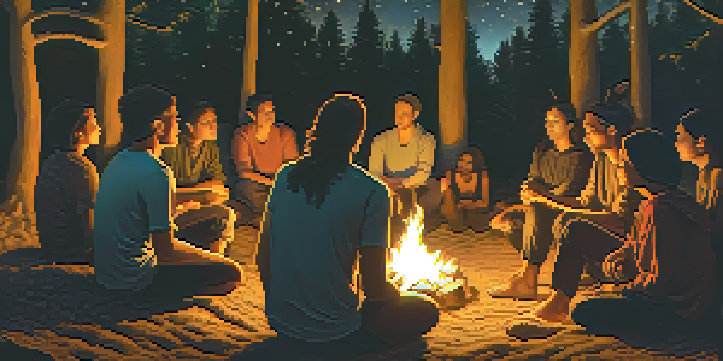 A group of people sitting in a circle around a campfire at night, holding cups of Ayahuasca, with warm firelight illuminating their faces against a starry sky.