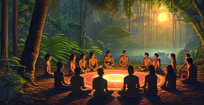 A group of participants in a traditional Ayahuasca ceremony sitting in a circle in the Amazon rainforest at dusk, surrounded by lush greenery and glowing lanterns.
