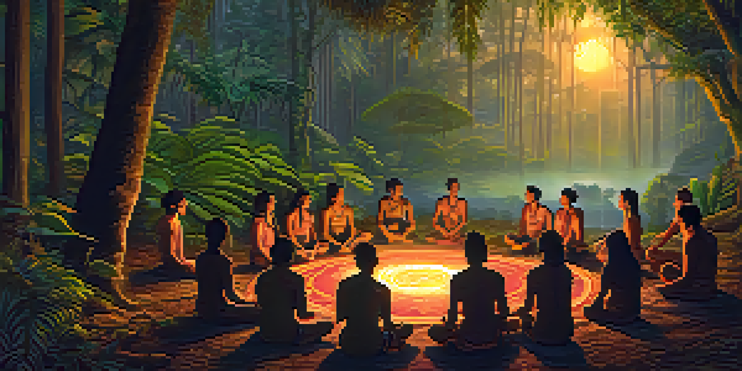 A group of participants in a traditional Ayahuasca ceremony sitting in a circle in the Amazon rainforest at dusk, surrounded by lush greenery and glowing lanterns.