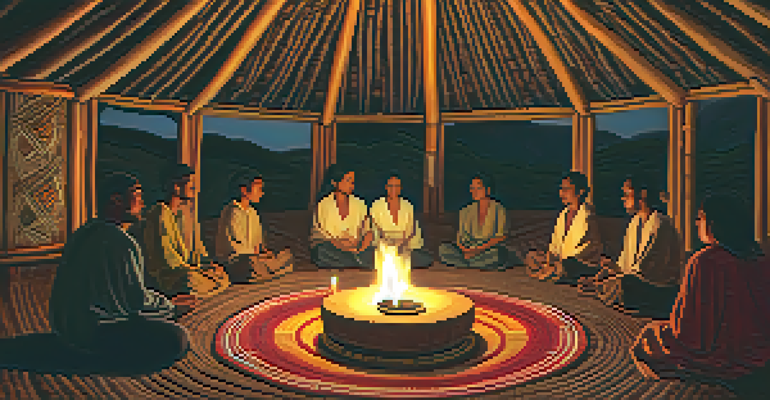 A yurt interior with participants seated in a circle for an Ayahuasca ceremony, surrounded by flickering candles.