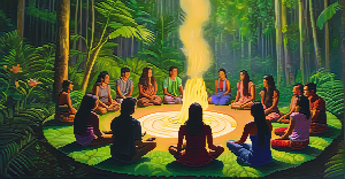 A group of people participating in a calm ayahuasca ceremony in a green rainforest, illuminated by firelight.