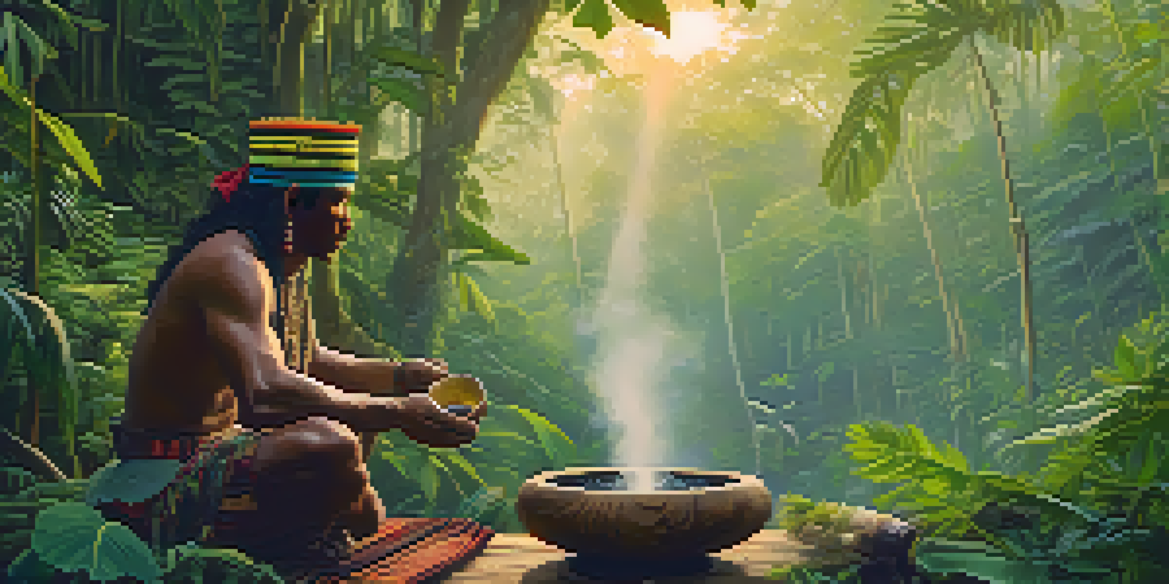 A traditional shaman in the Amazon rainforest preparing Ayahuasca in a wooden bowl, surrounded by vibrant green plants and mist.