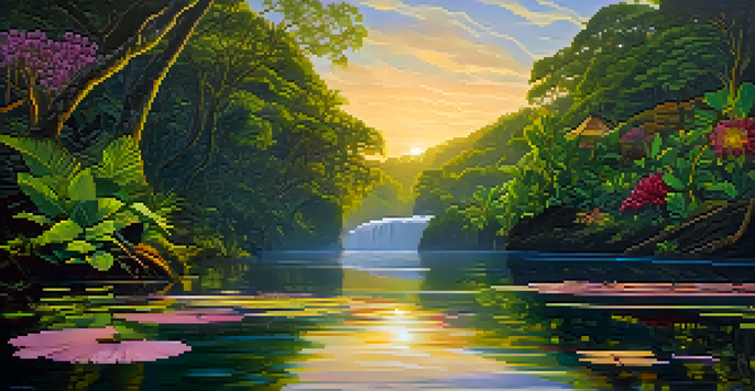 A peaceful Amazon rainforest at dusk, featuring a shamanic figure by a river, surrounded by greenery and flowers.