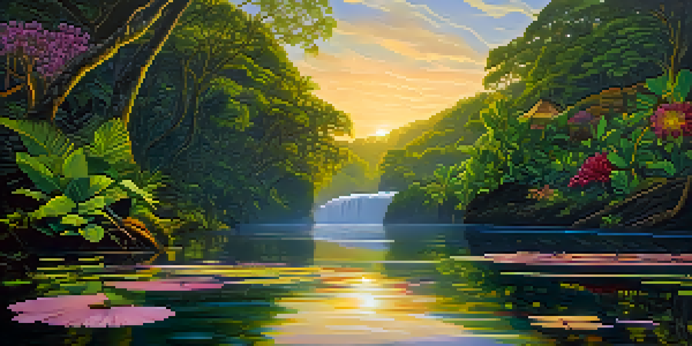 A peaceful Amazon rainforest at dusk, featuring a shamanic figure by a river, surrounded by greenery and flowers.