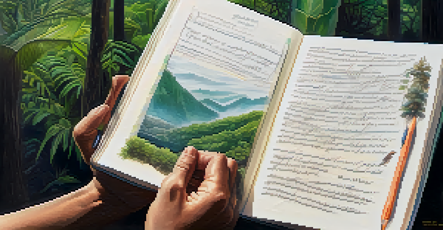 A close-up of hands holding a journal with notes about Ayahuasca experiences, set against a serene nature background.