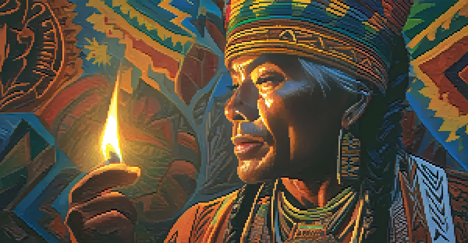 A shaman in traditional attire singing during an Ayahuasca ceremony, with participants seated in a circle.