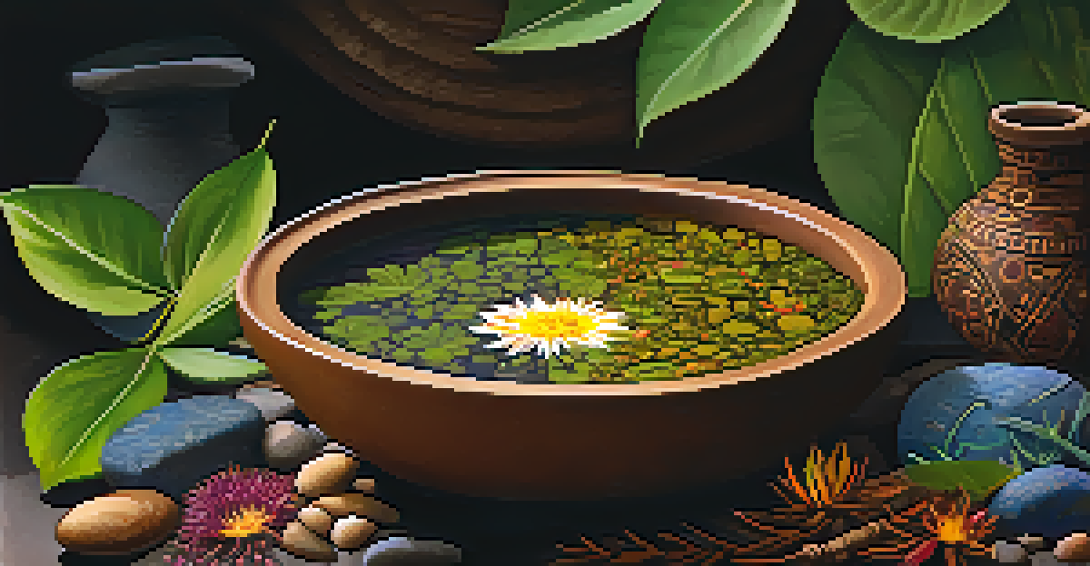 A close-up view of Ayahuasca brew in a clay bowl, surrounded by leaves and flowers, highlighting the rich color of the liquid.