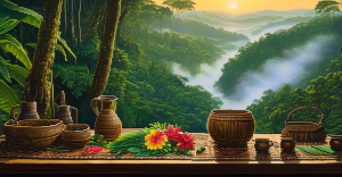A peaceful Amazon rainforest scene at dawn, featuring mist, green plants, and a traditional Ayahuasca brew on a wooden table with indigenous artifacts.