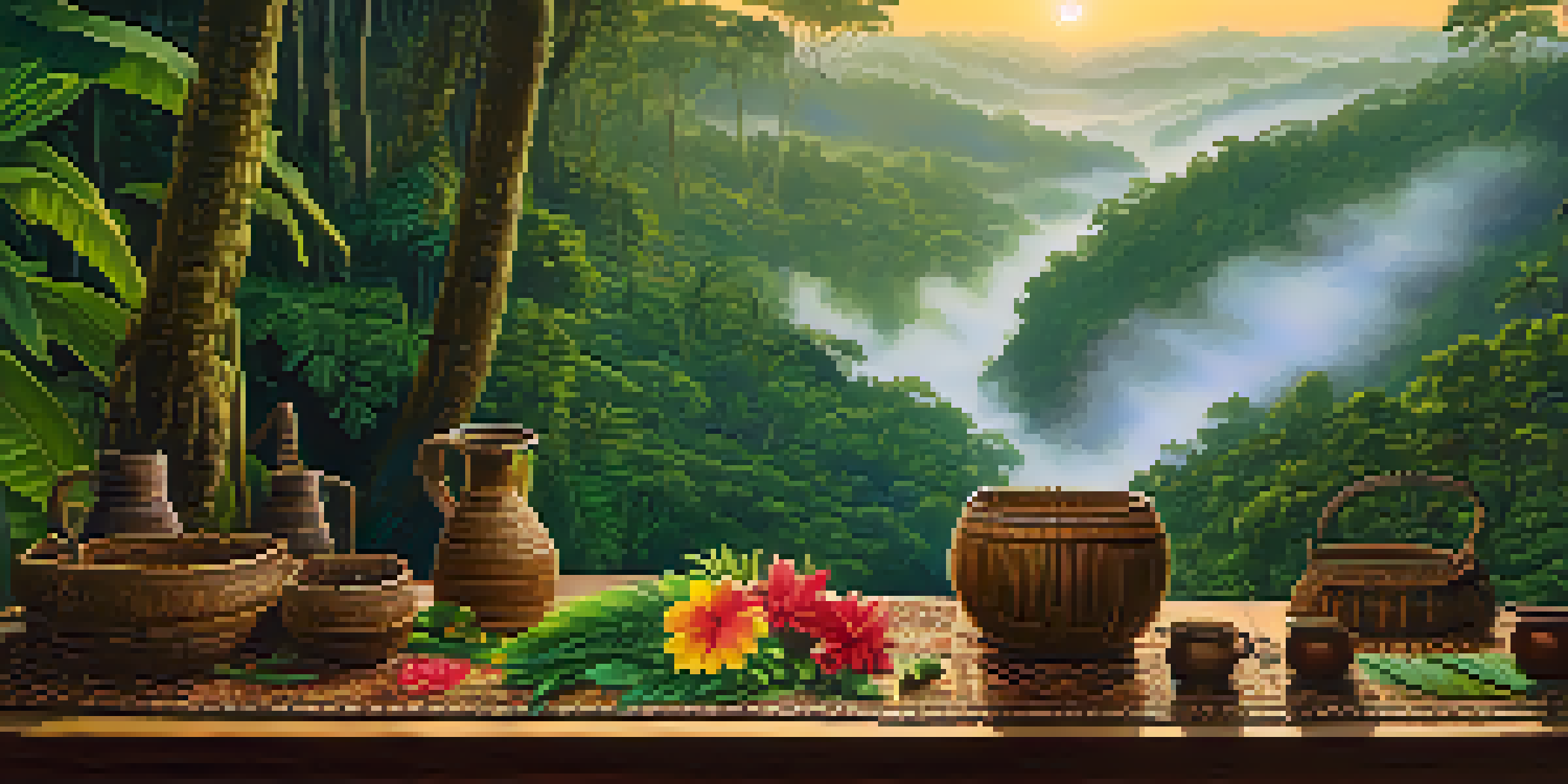 A peaceful Amazon rainforest scene at dawn, featuring mist, green plants, and a traditional Ayahuasca brew on a wooden table with indigenous artifacts.