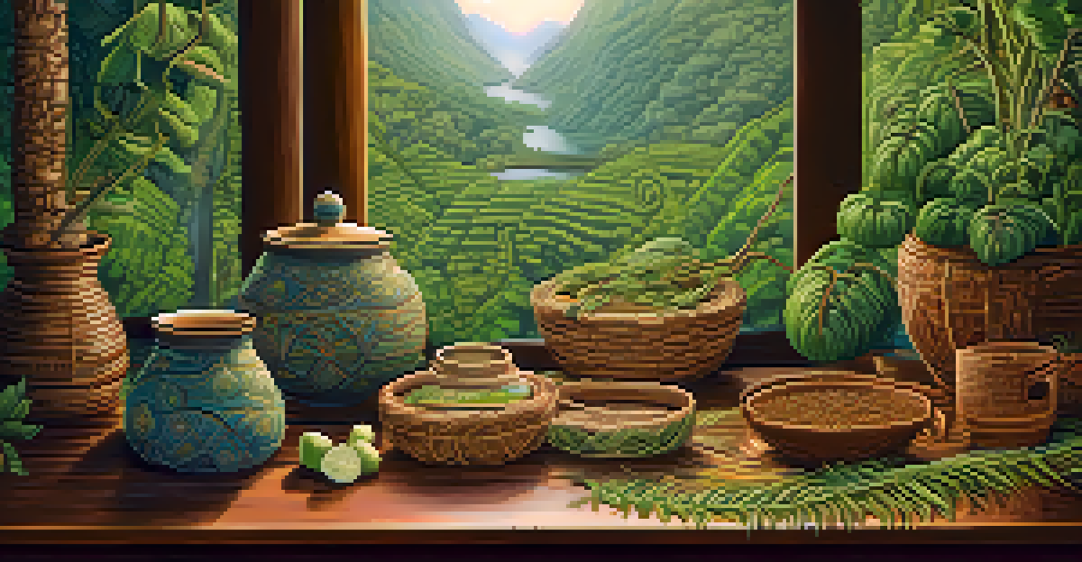 A close-up of an Ayahuasca brew setup with medicinal plants, wooden table, and warm candlelit background.
