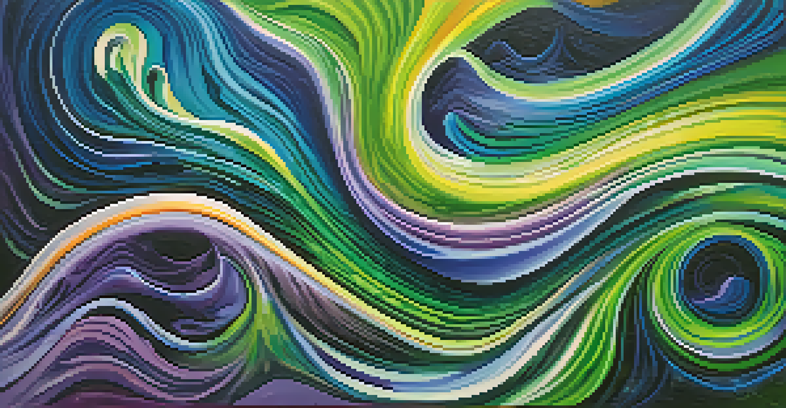 An abstract art piece with swirling colors representing the emotional journey of an ayahuasca experience, illustrating healing and personal growth.