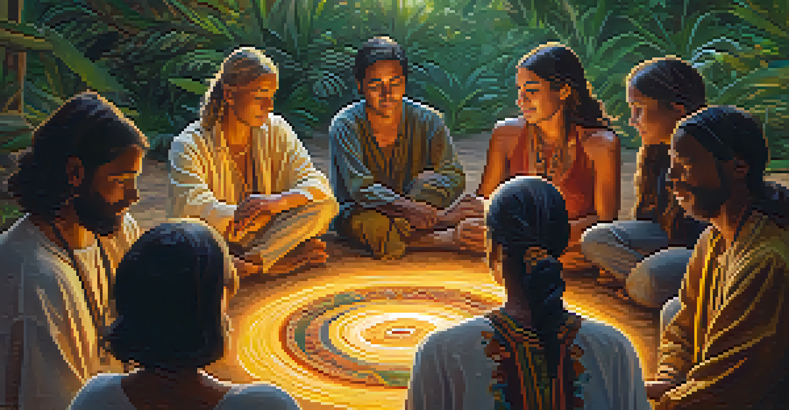 Participants forming a supportive circle outdoors after an Ayahuasca ceremony, with clasped hands symbolizing unity and connection.
