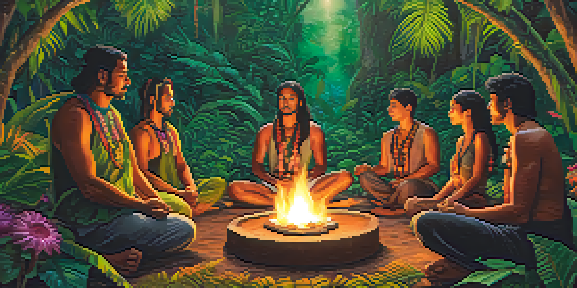 A peaceful ayahuasca ceremony in a lush jungle, with people meditating around a glowing fire.