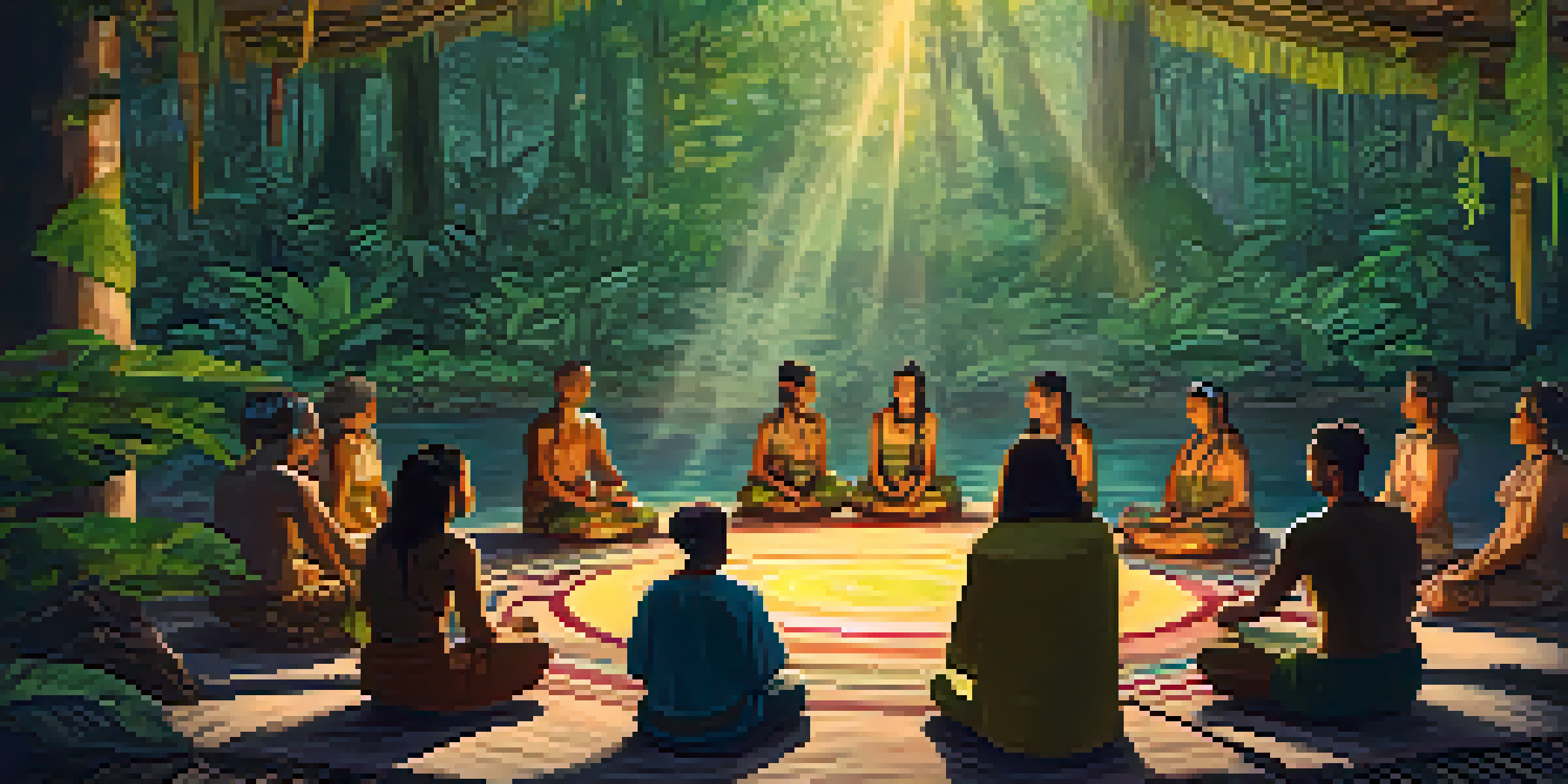 A tranquil scene of a group participating in an ayahuasca ceremony in the Amazon rainforest, surrounded by greenery and soft candlelight.