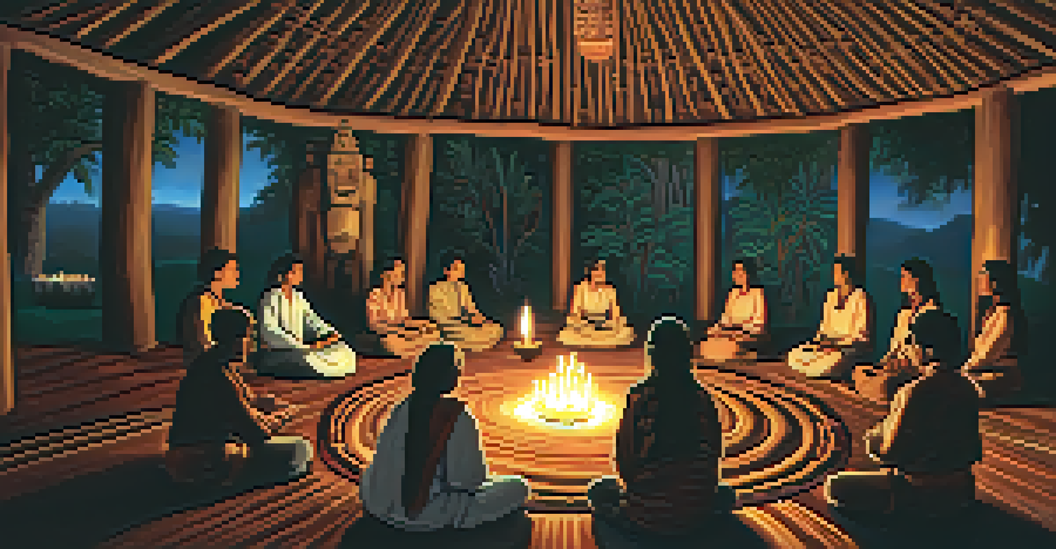 An Ayahuasca ceremony in a candle-lit room with participants in meditation and a facilitator guiding the session, surrounded by indigenous art.