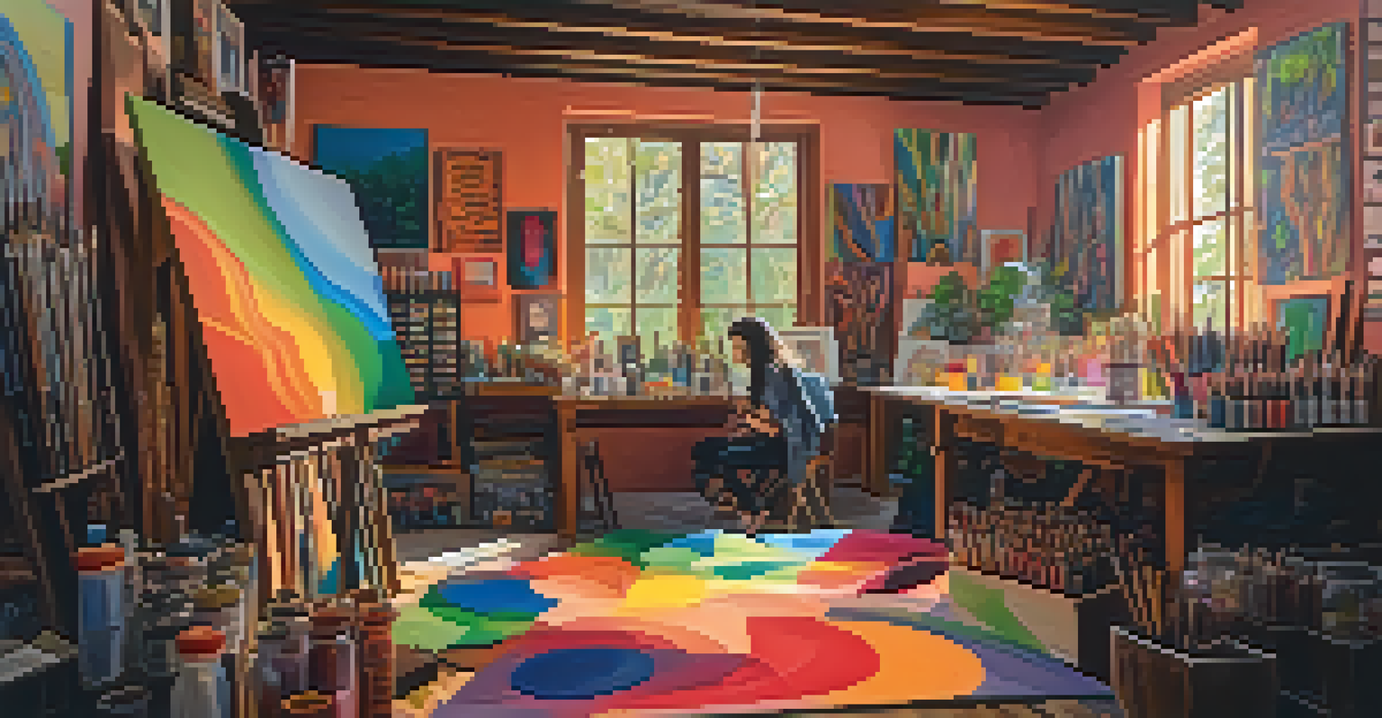 An artist's studio with colorful canvases and art supplies, an artist painting, and abstract shapes representing creativity.