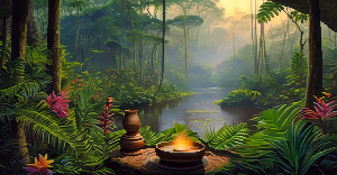 A peaceful view of the Amazon rainforest at dawn, featuring a ceremonial setup with an Ayahuasca cup and colorful flowers amidst lush greenery.