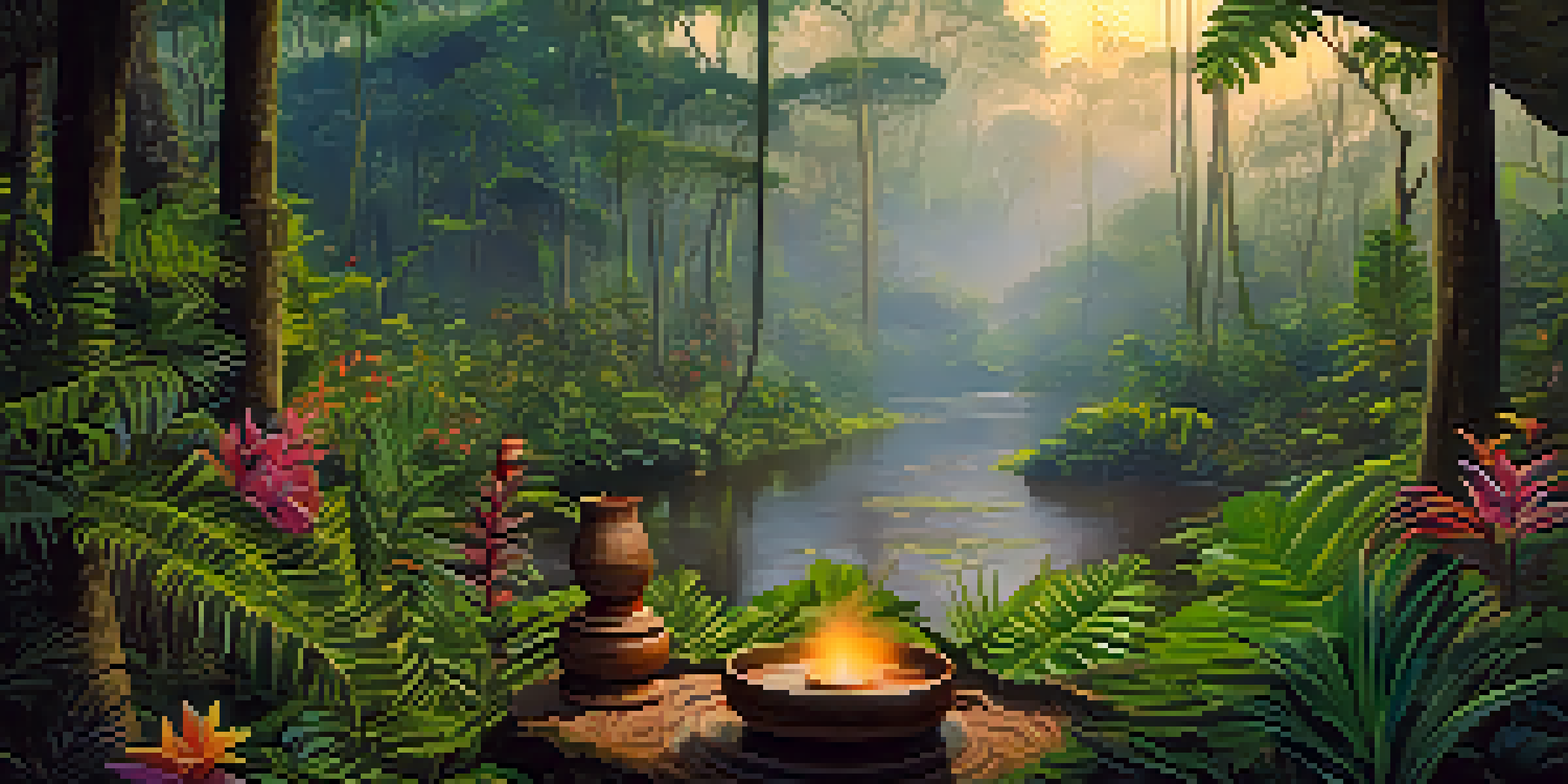 A peaceful view of the Amazon rainforest at dawn, featuring a ceremonial setup with an Ayahuasca cup and colorful flowers amidst lush greenery.