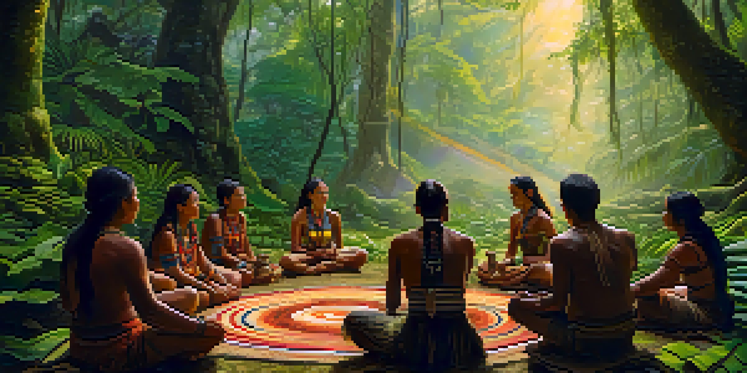 A shaman leading an Ayahuasca ceremony in the Amazon rainforest with participants sitting in a circle, surrounded by lush greenery and filtered sunlight.