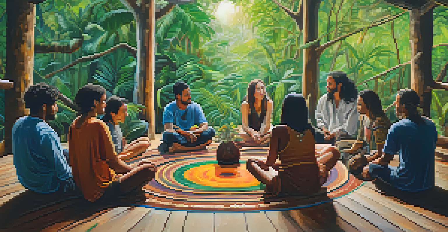 Participants in an integration circle sharing their ayahuasca experiences in a warm, inviting setting.