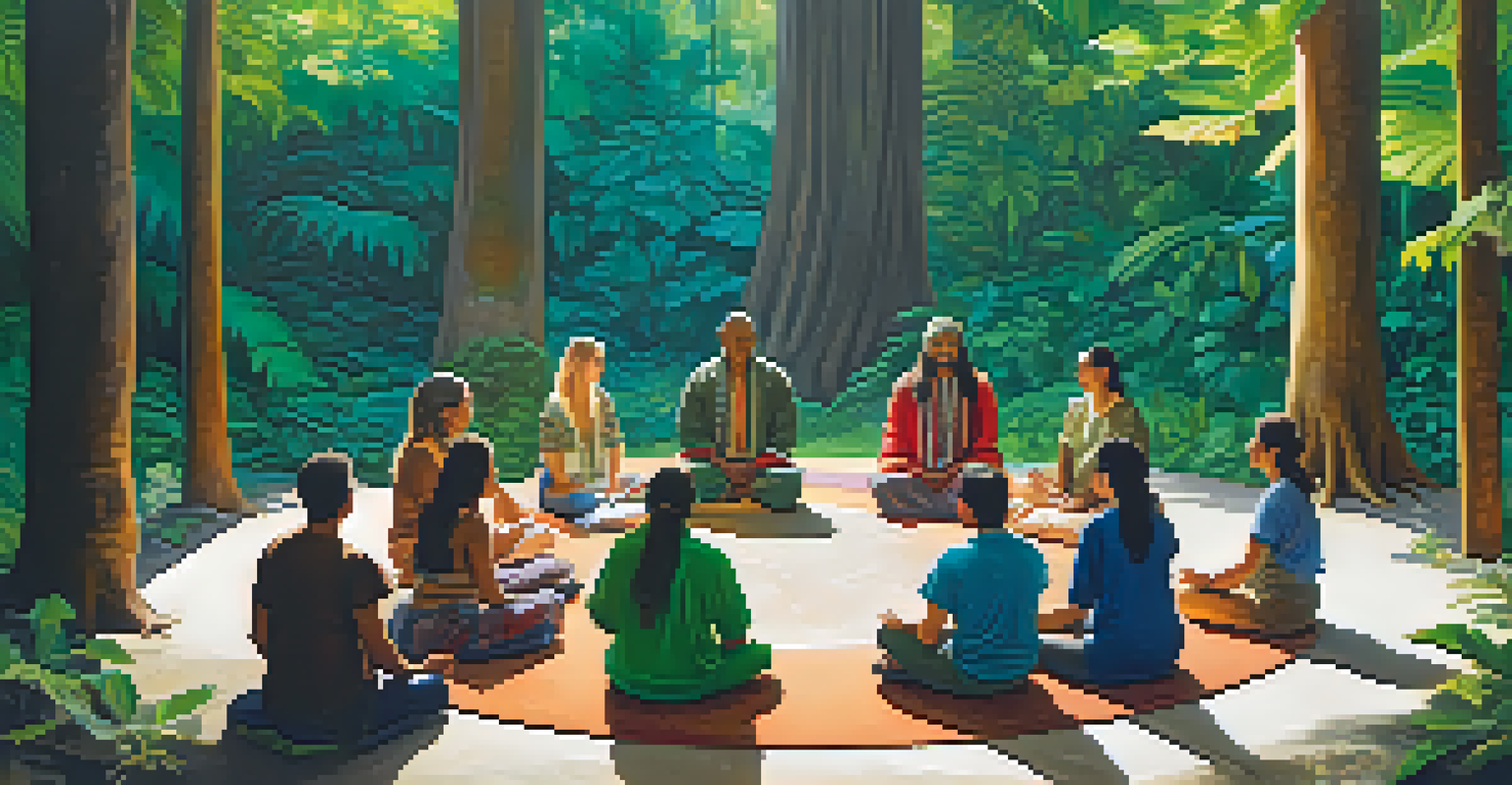 Tourists participating in an Ayahuasca retreat in the Amazon rainforest, sitting in a circle with an indigenous healer.