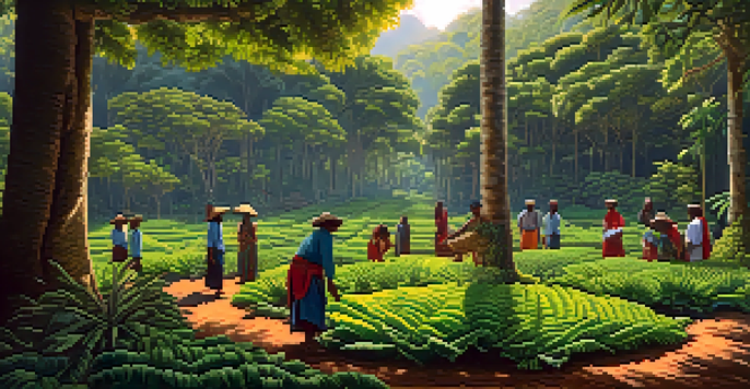 A vibrant agroforestry landscape with shade trees and ayahuasca plants under soft sunlight, featuring farmers in traditional clothing.