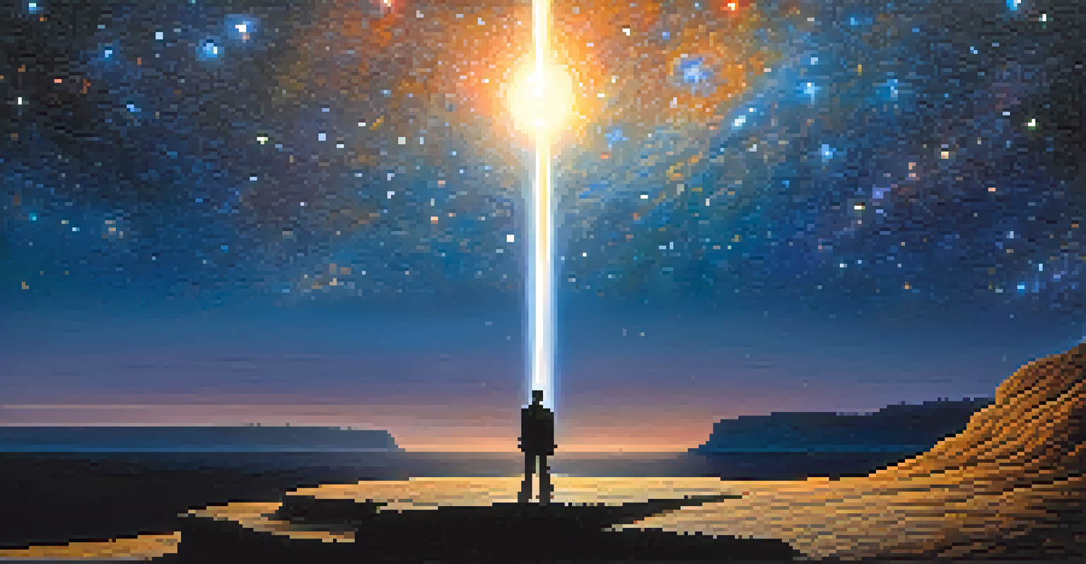 An abstract image showing a shadowy figure on a cliff against a starry universe, symbolizing fear and transformation.