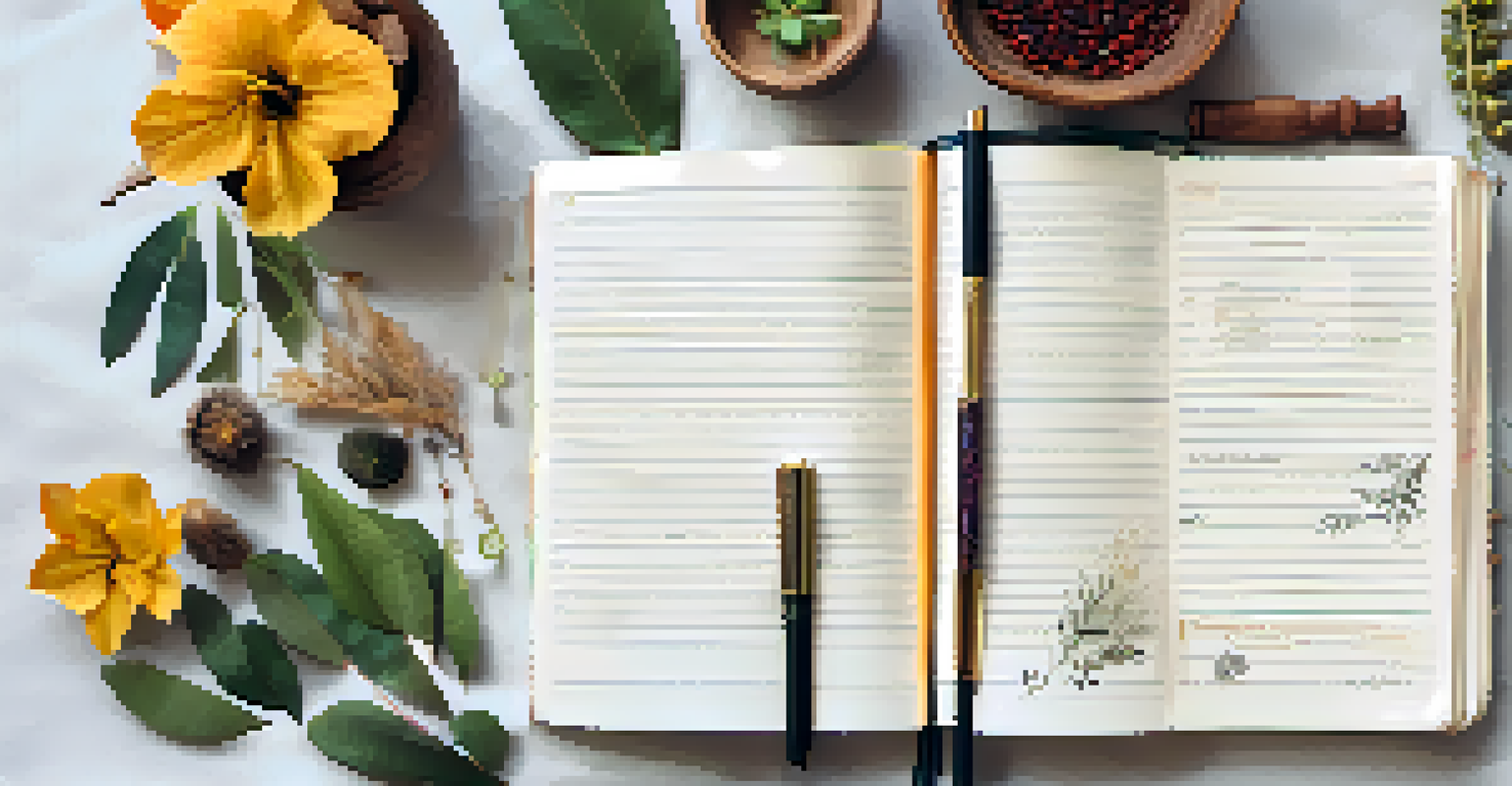 A journal and pen surrounded by leaves and flowers, representing the process of setting intentions.