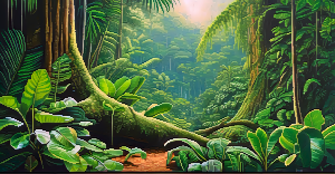 A dense Amazon rainforest with the Ayahuasca plant surrounded by vibrant greenery and soft sunlight filtering through the leaves.