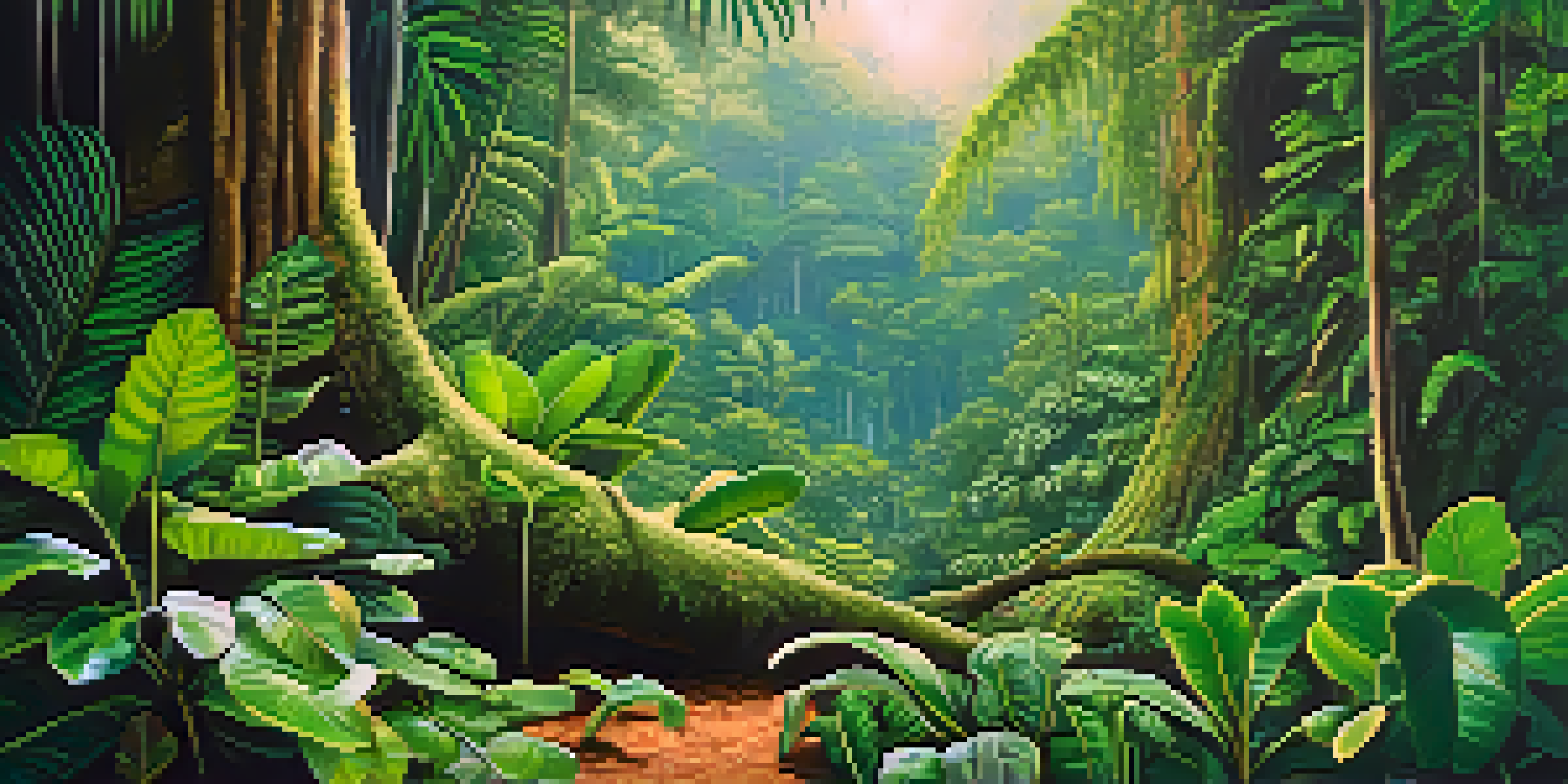 A dense Amazon rainforest with the Ayahuasca plant surrounded by vibrant greenery and soft sunlight filtering through the leaves.