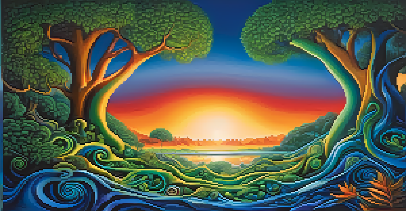 An abstract image depicting the emotional journey of an Ayahuasca experience with swirling colors and nature elements.