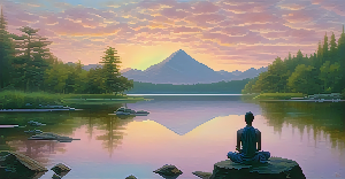 A peaceful sunrise over a lake with a person meditating on a rock, surrounded by green forests.