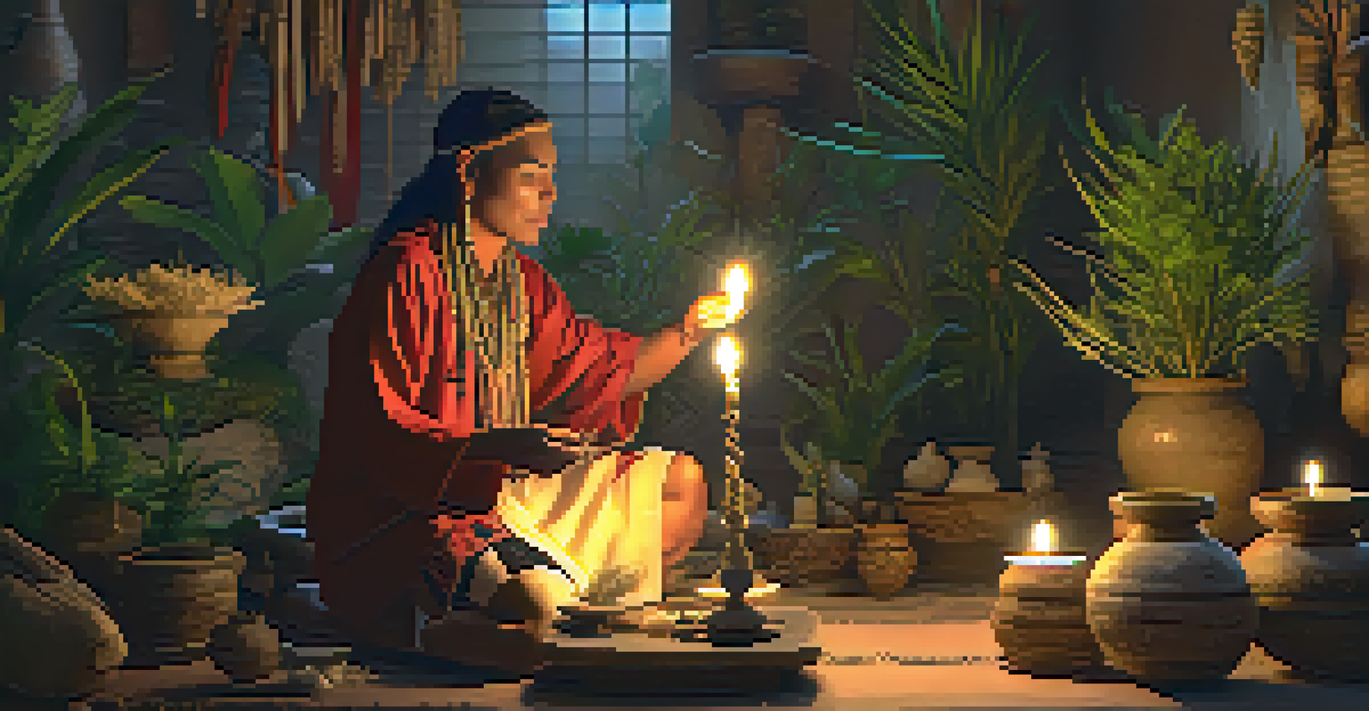 An indigenous shaman in traditional clothing conducting a healing ritual in a softly lit room filled with plants and artifacts.