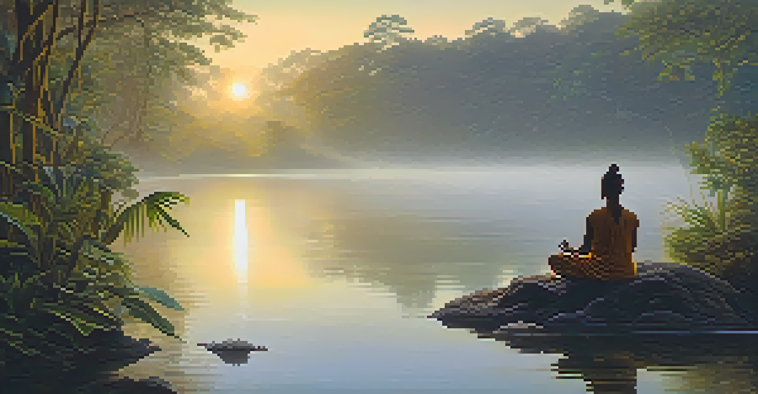 A person meditating by a riverbank at sunrise, surrounded by mist and jungle.