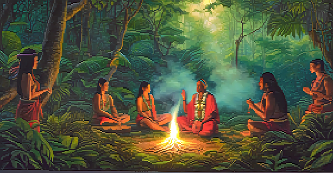 A traditional Ayahuasca ceremony in the Amazon rainforest, featuring a shaman and participants around a glowing fire, surrounded by lush greenery and vibrant flowers.