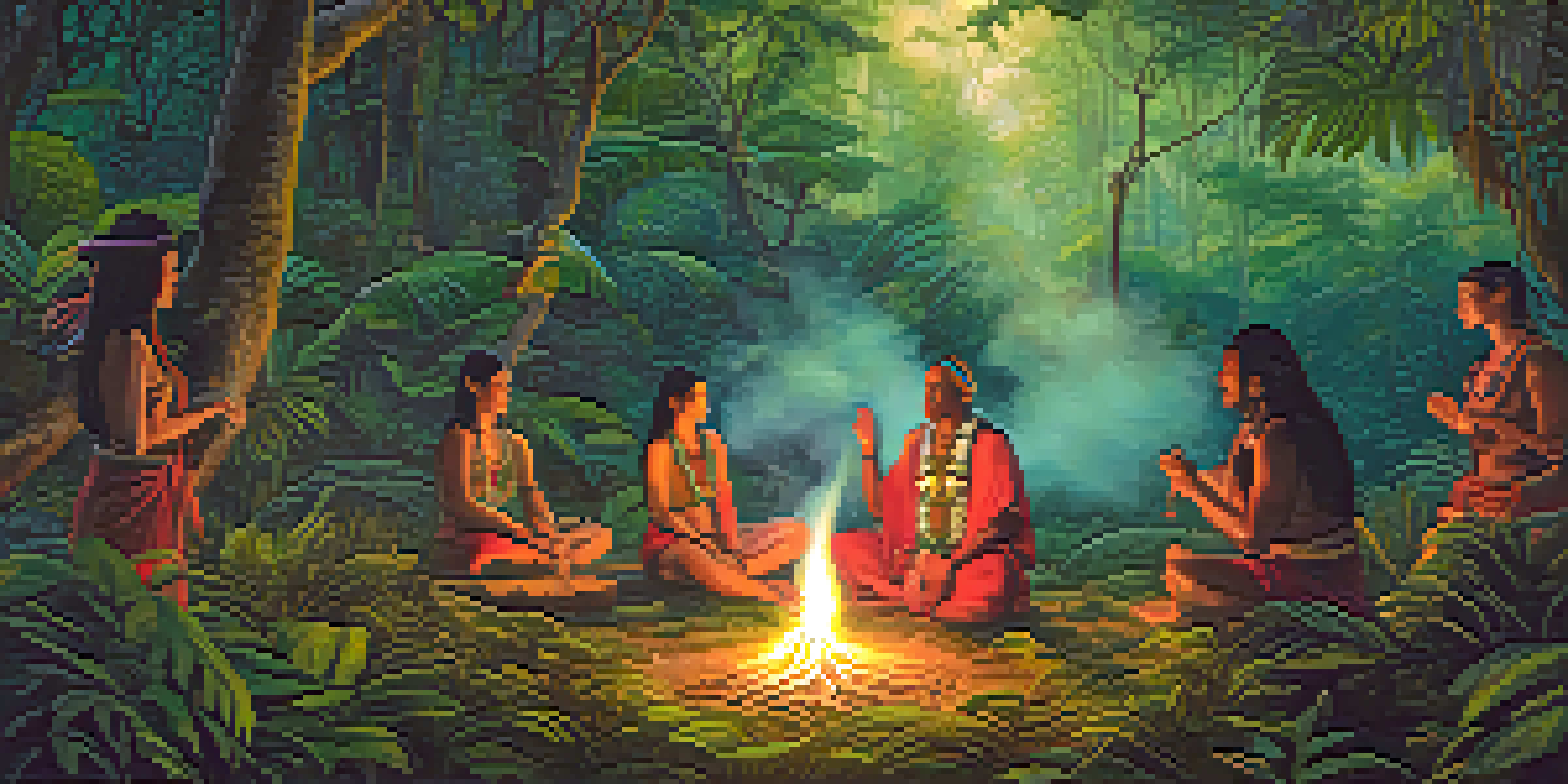 A traditional Ayahuasca ceremony in the Amazon rainforest, featuring a shaman and participants around a glowing fire, surrounded by lush greenery and vibrant flowers.