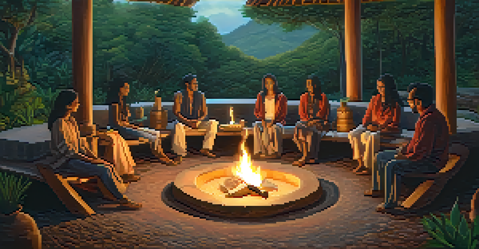 A warm and inviting space for ceremonies with cushions and a fire pit, illuminated by candlelight and adorned with artwork.