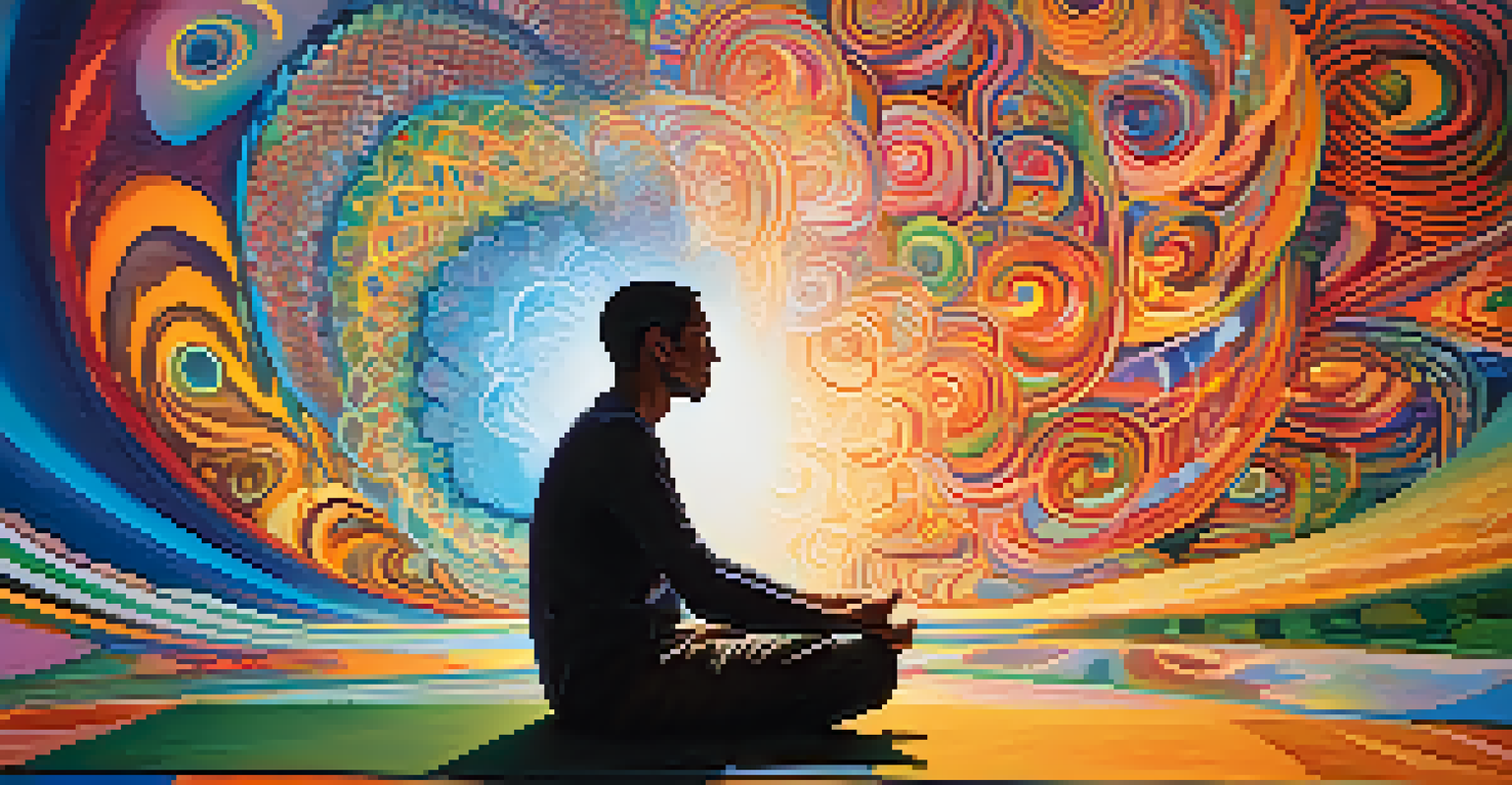 A person meditating surrounded by colorful abstract patterns and soft light, representing a psychedelic experience.