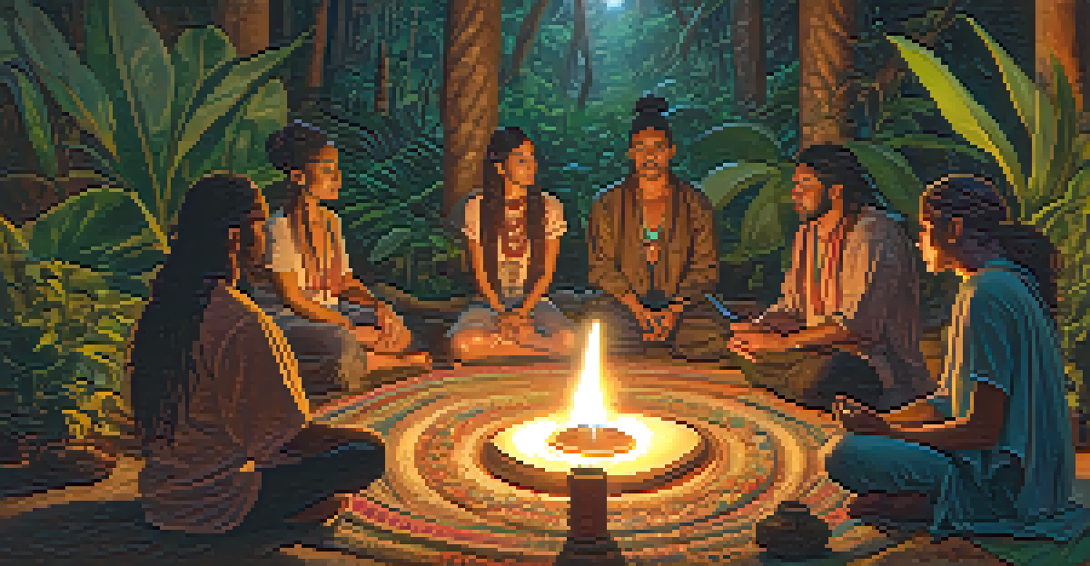 A diverse group of people in a circle during an Ayahuasca ceremony, guided by a shaman, showcasing expressions of contemplation.