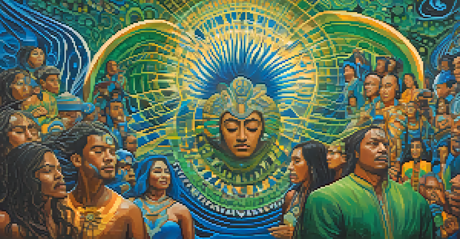 An abstract image depicting emotional release during an Ayahuasca journey, with swirling colors and faces expressing various emotions.