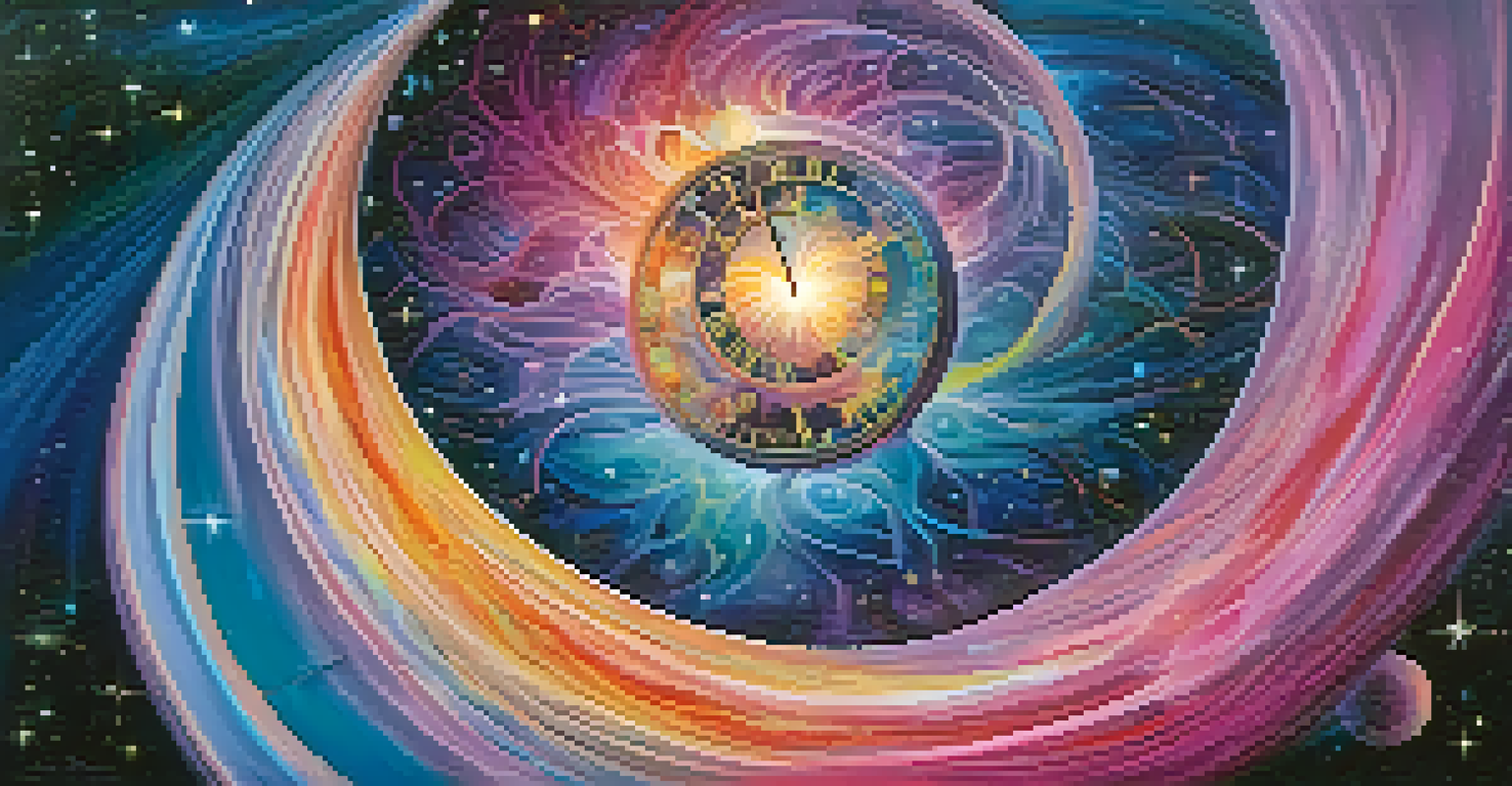 An abstract depiction of a swirling clock with vibrant colors and cosmic elements, representing the fluidity of time perception.