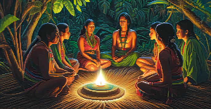 Participants in a circle during an Ayahuasca ceremony in the Amazon rainforest, guided by a shaman.