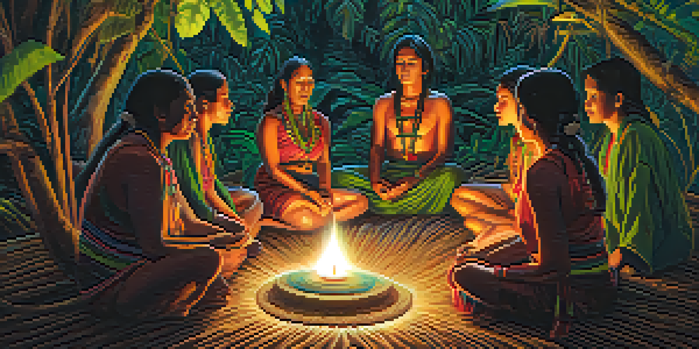 Participants in a circle during an Ayahuasca ceremony in the Amazon rainforest, guided by a shaman.