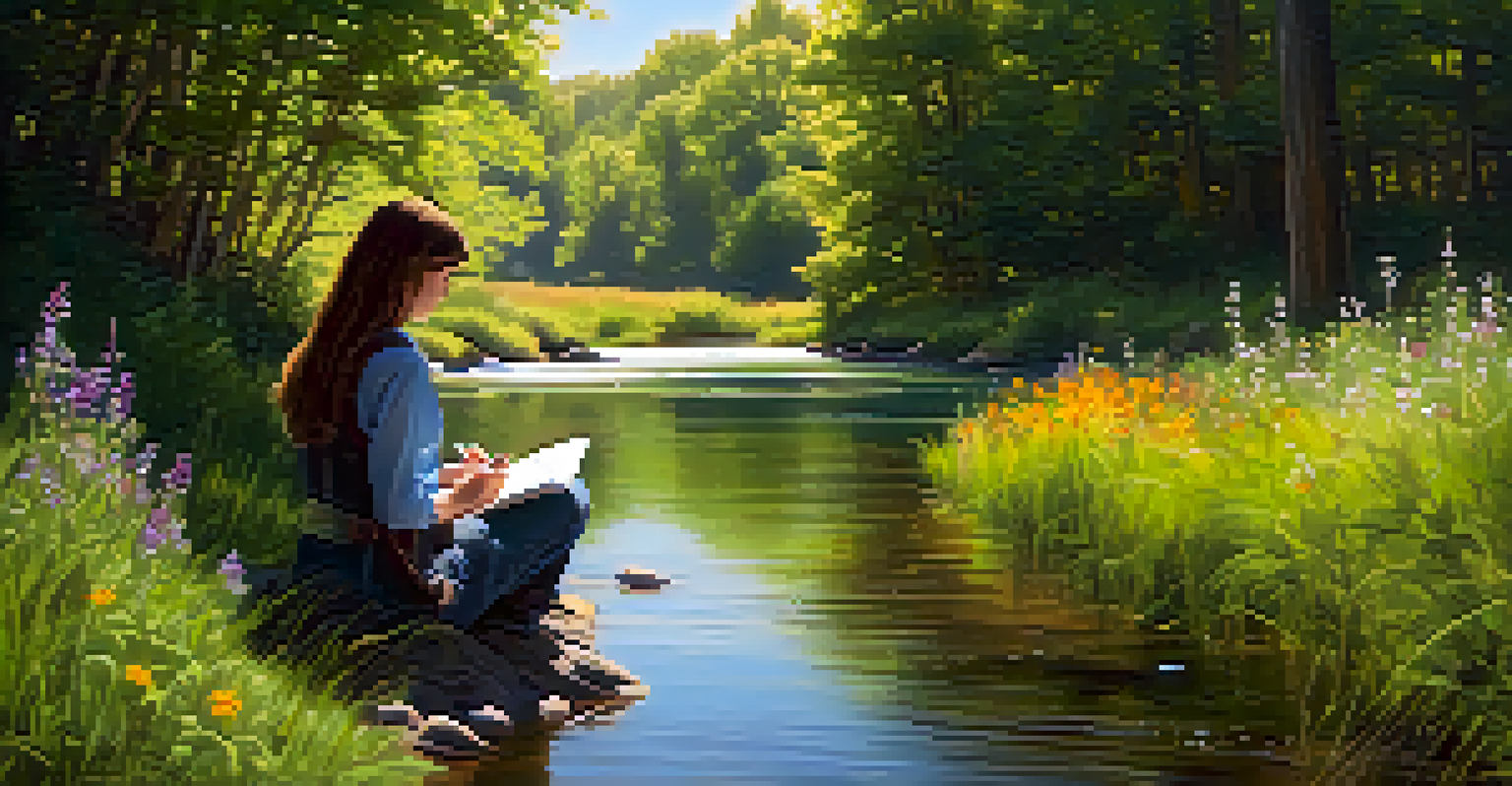 A person journaling by a stream in nature, surrounded by wildflowers and trees, depicting reflection and integration.