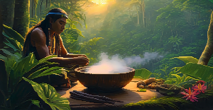 An indigenous healer preparing ayahuasca in a wooden bowl amidst the Amazon rainforest at dawn, surrounded by mist and vibrant flora.