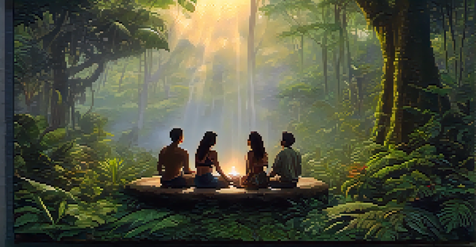 A group of diverse individuals sitting in a circle in the Amazon rainforest during twilight, surrounded by lush greenery and soft golden light.